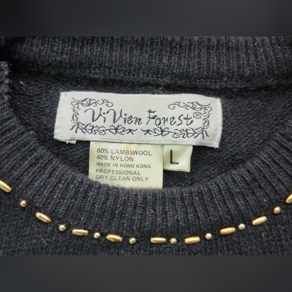 Vintage black wool knit tassel beaded rhinestone Christmas Xmas tunic sweater L - Picture 5 of 5